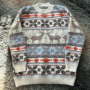 Cozy Reindeer Pattern Sweater - Cream, Blue, and Red